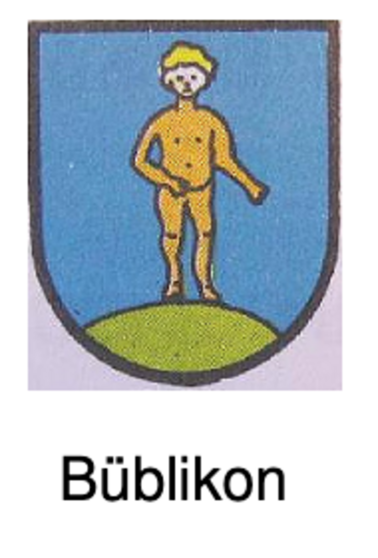 Wappen von Büblikon: Ein nackter Mann mit gelbem Haar steht auf einem grünen Hügel vor blauem Hintergrund.